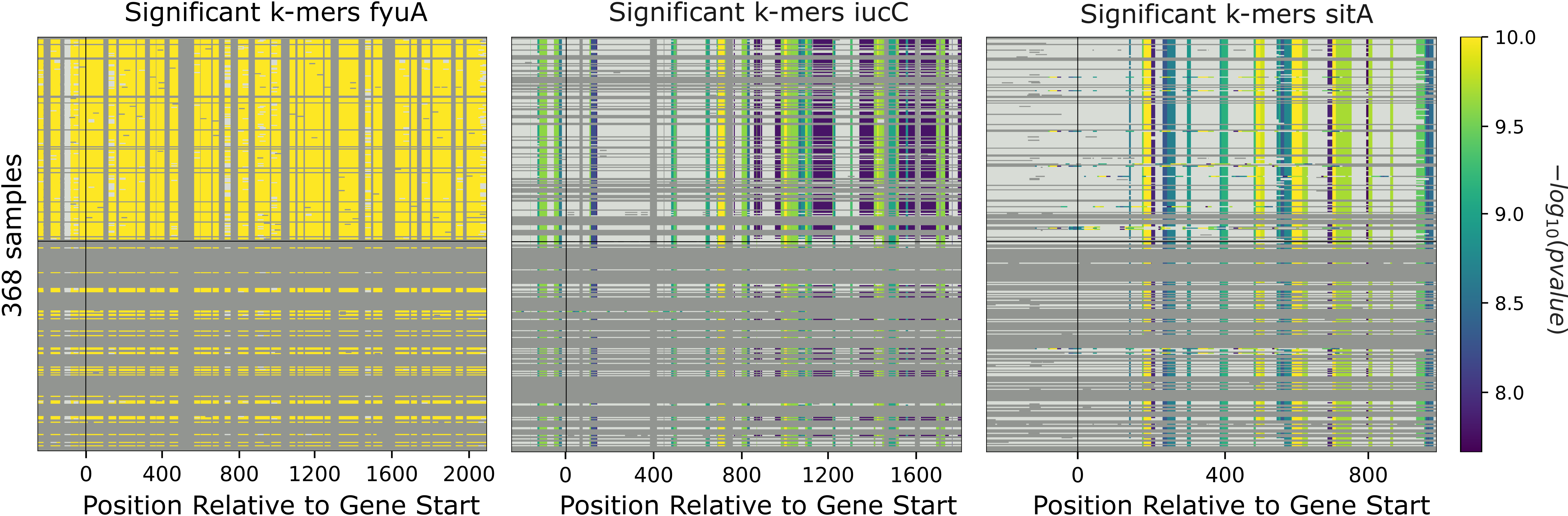 Associations plots for gene cluster specific k-mers.